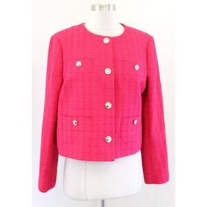 Ann Taylor Hot Pink Tweed Cropped Blazer Jacket Sz 8 Gold Buttons Career Preppy